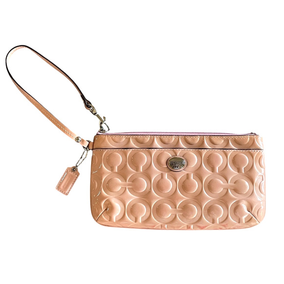 COACH Peyton OP Art Go-Go Pink Tulle Patent Leather Embossed Zip Wristlet F49883 - Picture 1 of 9